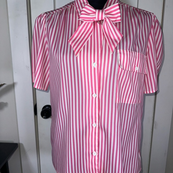 Lady Manhattan Tops - VINTAGE Pink and White Striped Blouse with Bow